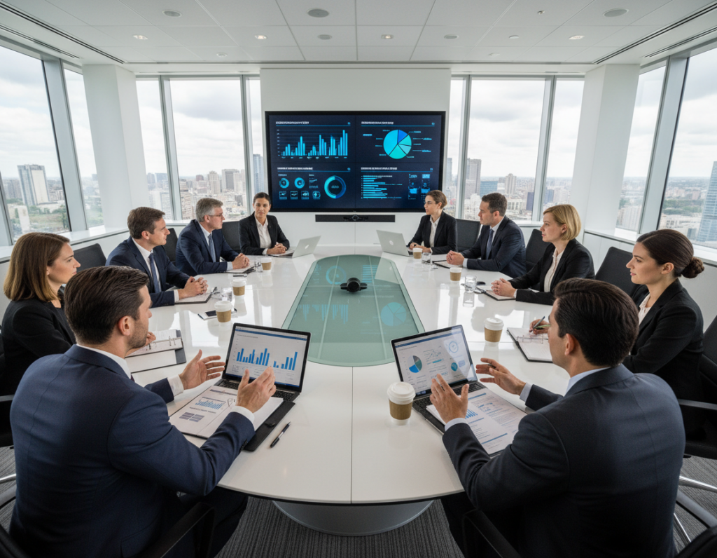A sleek, modern boardroom setting focused on a round table filled with professional individuals in business attire. In the foreground, a diverse group of men and women are engaged in a thoughtful discussion, with charts and reports on the table showcasing compensation data and talent management strategies. The middle ground features a large digital screen displaying graphs and statistics relevant to compensation committee responsibilities. In the background, large windows let in soft natural light, illuminating the room and creating a sense of transparency and collaboration. The atmosphere is dynamic yet professional, evoking a sense of serious deliberation and strategic oversight. Capture the mood of proactive engagement and high-level decision-making with a wide-angle lens to create depth.