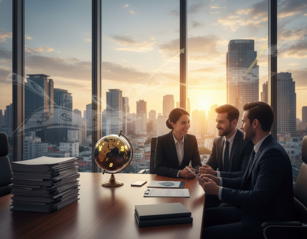 A serene office environment symbolizing financial stability, featuring a large wooden desk with a neatly organized stack of financial reports and a globe reflecting diverse currency symbols. In the foreground, a diverse group of professionals in business attire discussing strategies, with expressions of collaboration and optimism. The middle ground showcases a large window revealing a city skyline at dusk, casting warm golden light into the room, symbolizing hope and renewal after the Great Financial Crisis. In the background, abstract representations of currency notes and graphs are subtly integrated into the window's reflection. The overall mood is one of confidence and tranquility, with soft diffused lighting emphasizing the importance of careful financial planning and monitoring.